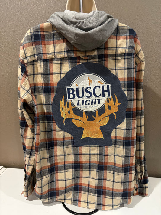 Busch light antlers Flannel hoodie tan XL