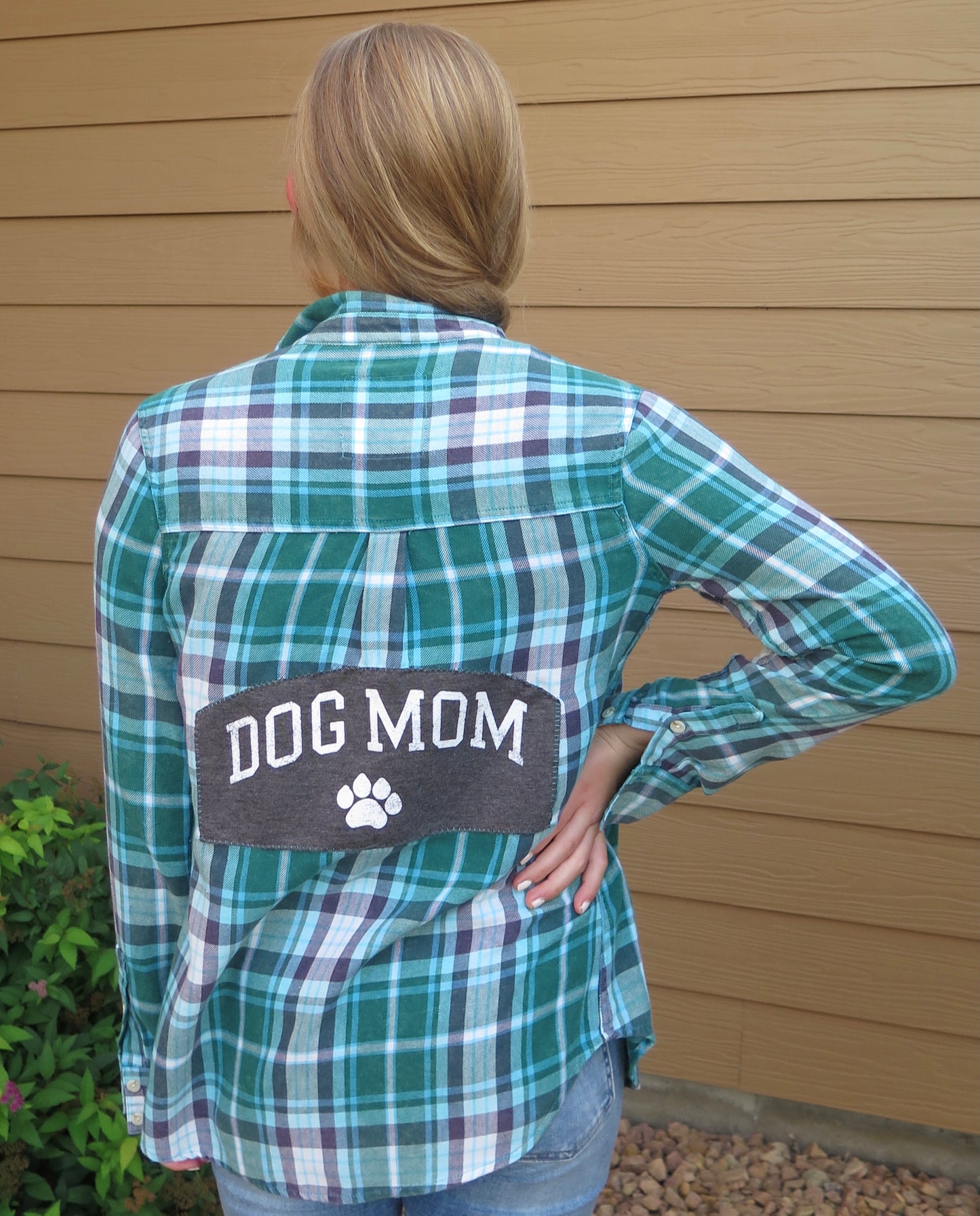 Women's Vintage Flannel - Dog Mom on Aqua/green